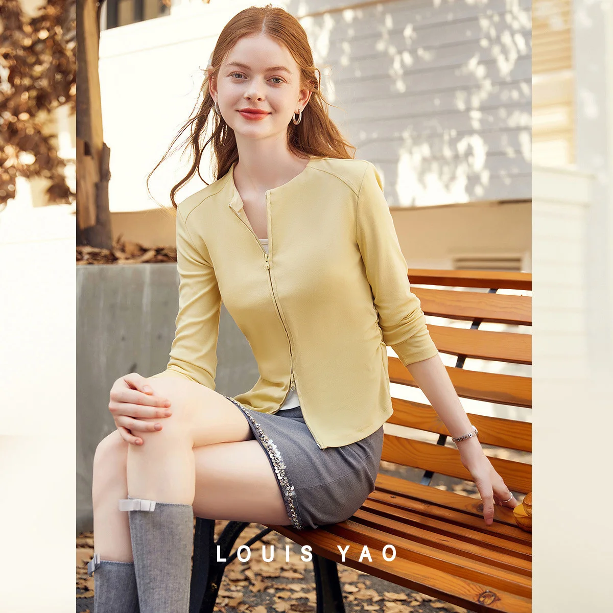 LOUIS YAO Fake Two piece Women's T-shirt 2025 Autumn Casual Tees Round Neck Zipper Open Micro Elastic Long Sleeve Shirt