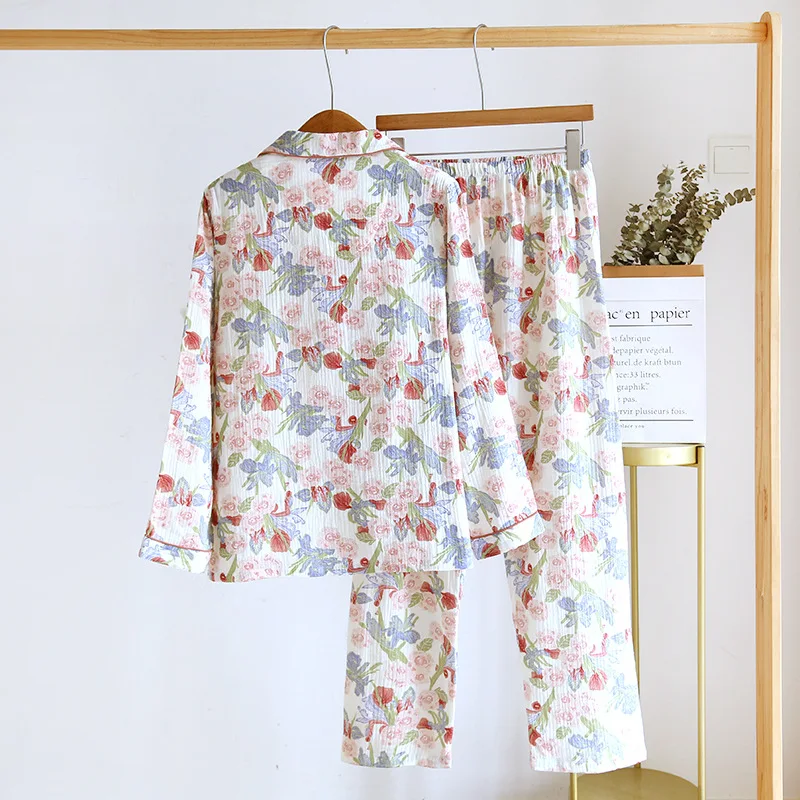 Spring/autumn Cotton Crepe Loungewear Long Sleeves Trousers Thin Loose Pajamas Women\'s Casual Plus-size Flower Print Sleepwear