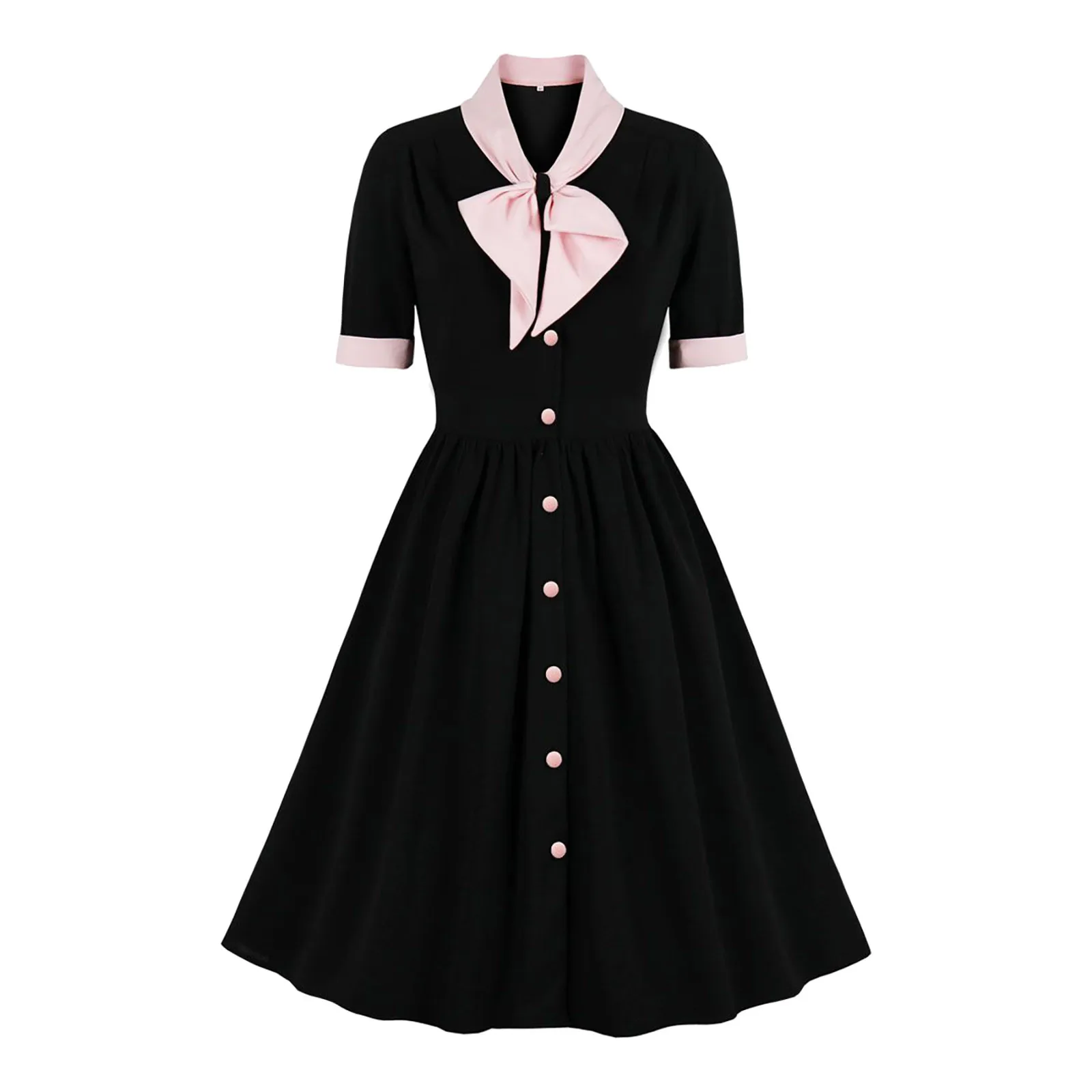 Hot Contrast Collar and Cuff Bow Front Button Up A-Line Dress Women Elegant Summer Vintage Clothes Ladies Midi Dresses