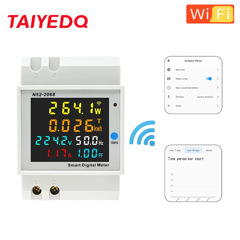 N52-2068 Din Rail WiFi Smart Energy Power Meter 40-300V Electricity Ammeter Remote Networked Meter Reading