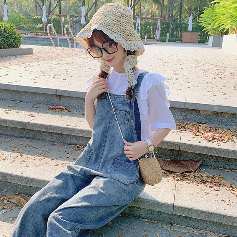 

Jumpsuits Women High Waist Ankle-length Pockets Vintage Loose Streetwear Female Overalls Students All-match Casual Chic Daily