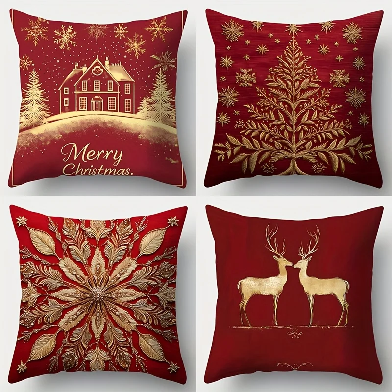 4pcs Christmas Reindeer Pillow Covers – Farmhouse-Style Cushion Covers for Living Room, Bedroom & Sofa (Inserts Not Included)