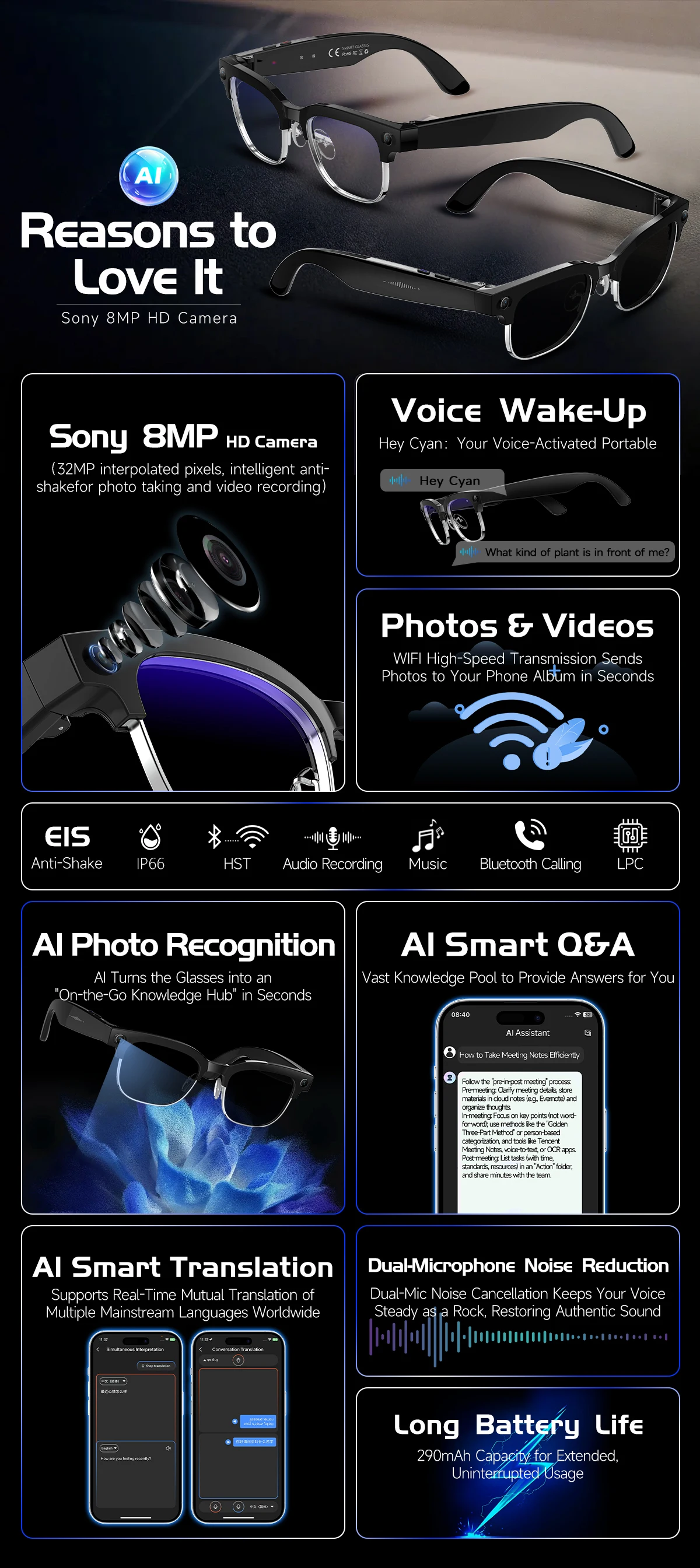 2026 Neue KI-Smart-Brille mit 120+ Sprachübersetzung, 800W Pixel Kamera, Video-Musikplayer, Anruffunktion, Business 8K Farbwechsel-Brille für Herren – Detail 2