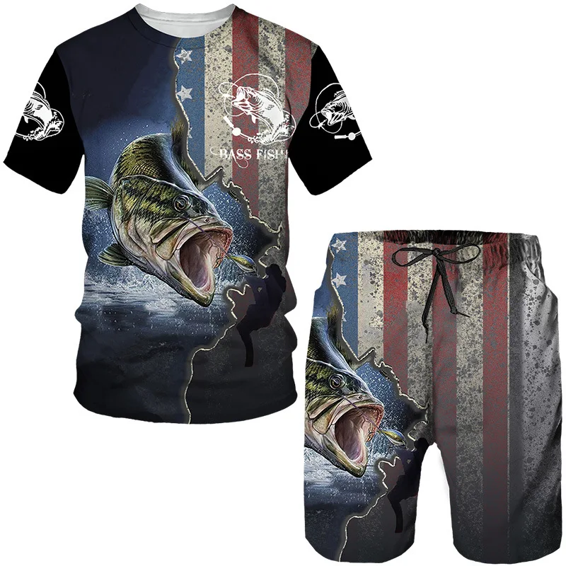 Camouflage 3D Crap Fishing Print Summer Men\'s Beach Shorts Set Short Sleeve T-shirts+Shorts 2 Pcs Set Oversized Tracksuit Suits