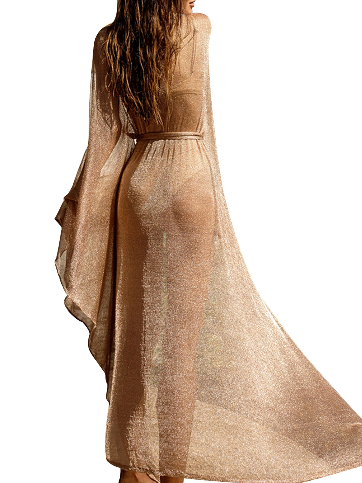 여성용 골드 샤이니 비키니 커버업 오픈 프론트 허리끈 선 프로텍션 롱 드레스 비치웨어