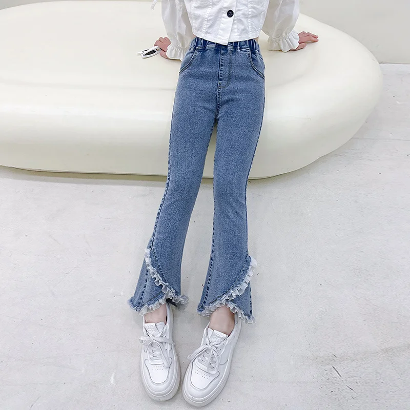 Herfst Meisjes Casual Vintage Flare Jeans Hoge Taille Tiener Skinny Denim Broek Kinderen Kind Boot Cut Jeans Straat Broek 6 8 10