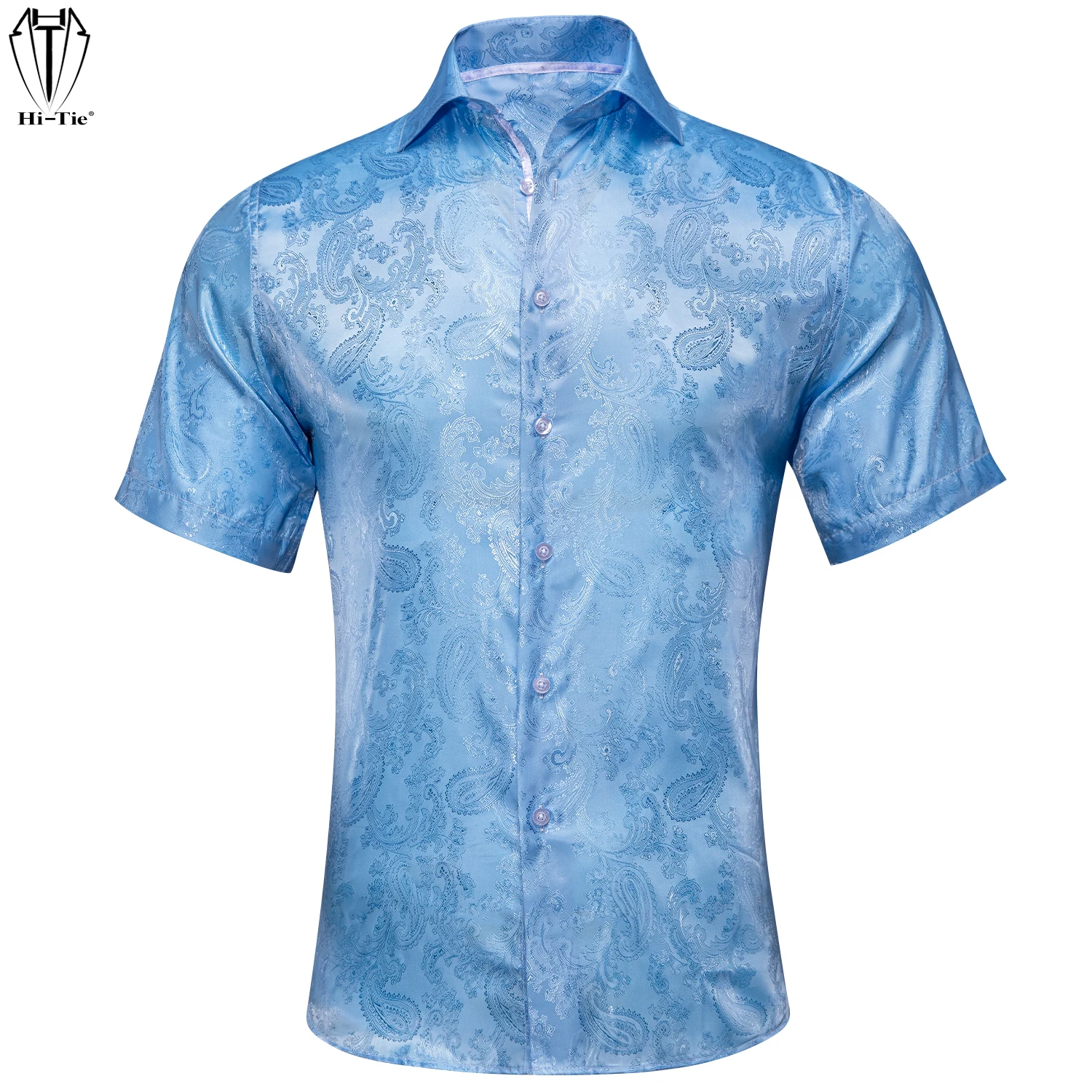 

Hi-Tie Silk Sky Blue Mens Shirts Paisley Jacquard Woven Cool Short Sleeve Shirt For Men Male Gift for Father Son Husband Big XXL