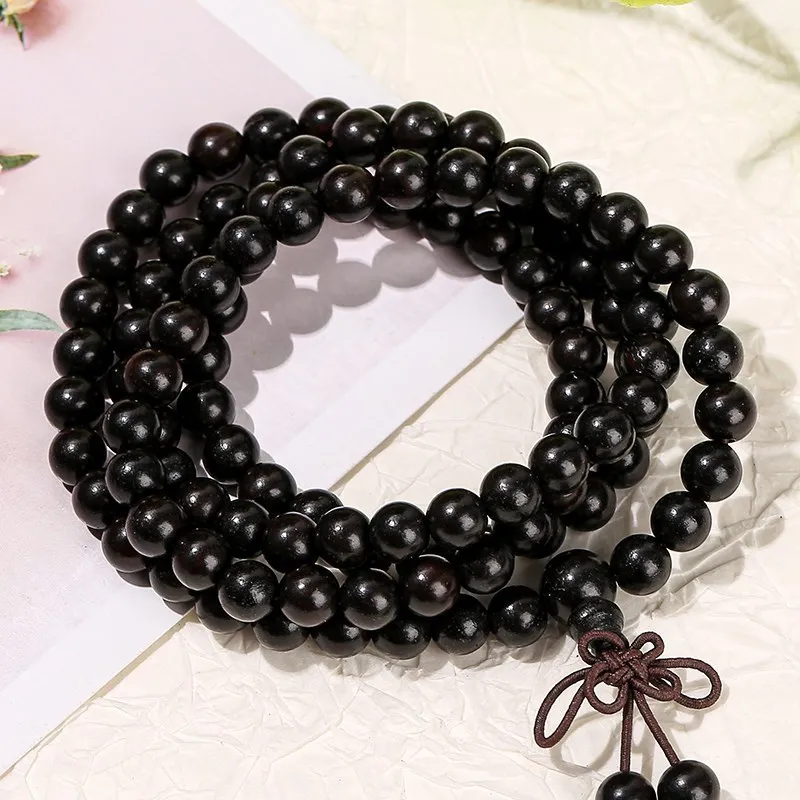 JD 6 8mm Natural Black Sandalwood Buddhist Buddha Bracelet Women Men 108 Wood Prayer Bead Mala Meditation Bangles Jewelry Bijoux