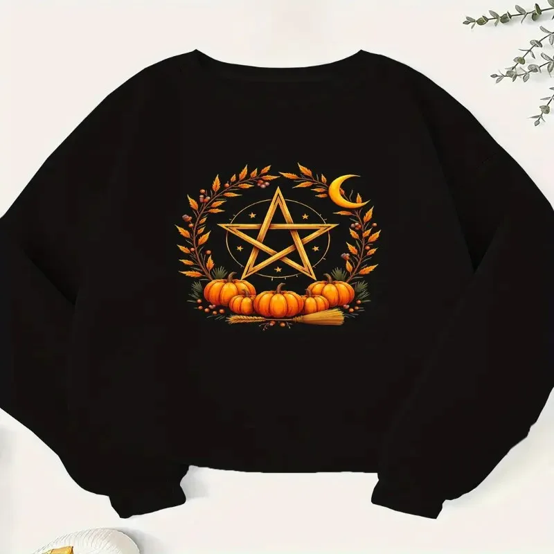Winter Fall Sweatshirt Plus Size Women Clothes Female Geometric Pentagram Pumpkins Leaves Crescent Moon Design Street Style Y2k