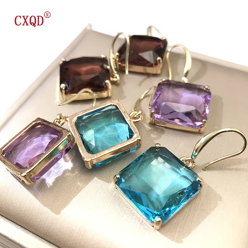 Korean New Design Fashion Jewelry Copper Ear Hook Square Earrings For Women Luxury Transparent Glass Crystal Party Gift