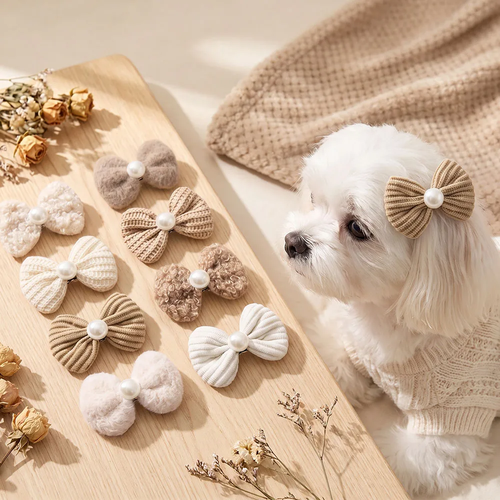 80PCS Handmade Dog Hair Clips Light Coffee Colors Dog Bows With Pearls Fashion Puppy Hair Accessories for Small Dogs and Cats