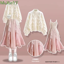 2025 Spring Women's Cloting Korean Lady Sweet Elegant Ruffles Camisole Dress Knit Coats Outfits Graceful Long Dress Sweater Set