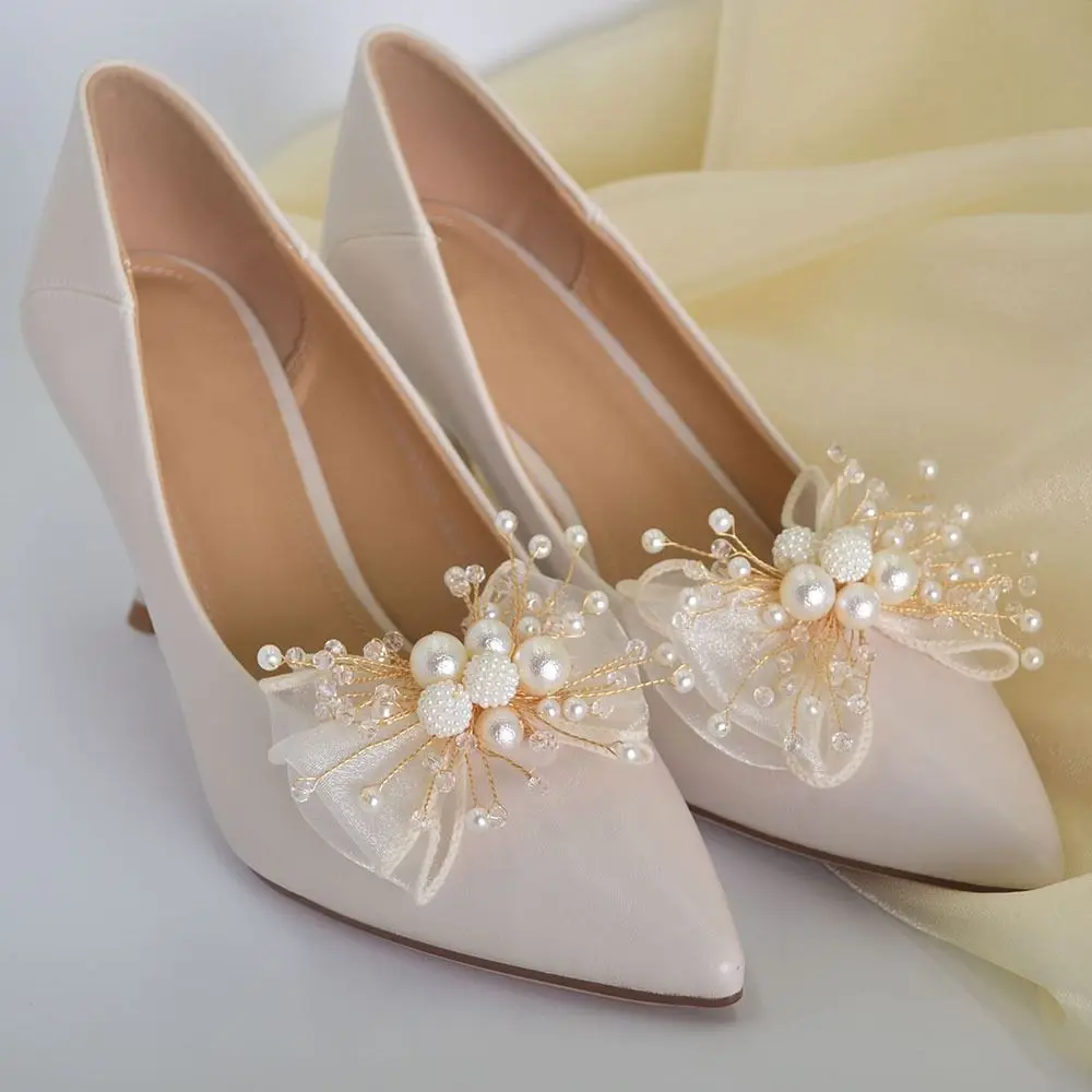 2PC Double Layered Bow Pearl Shoe Clip Removable Elegant Bag Clip Decorative French style Bride Shoes Decoration High Heel