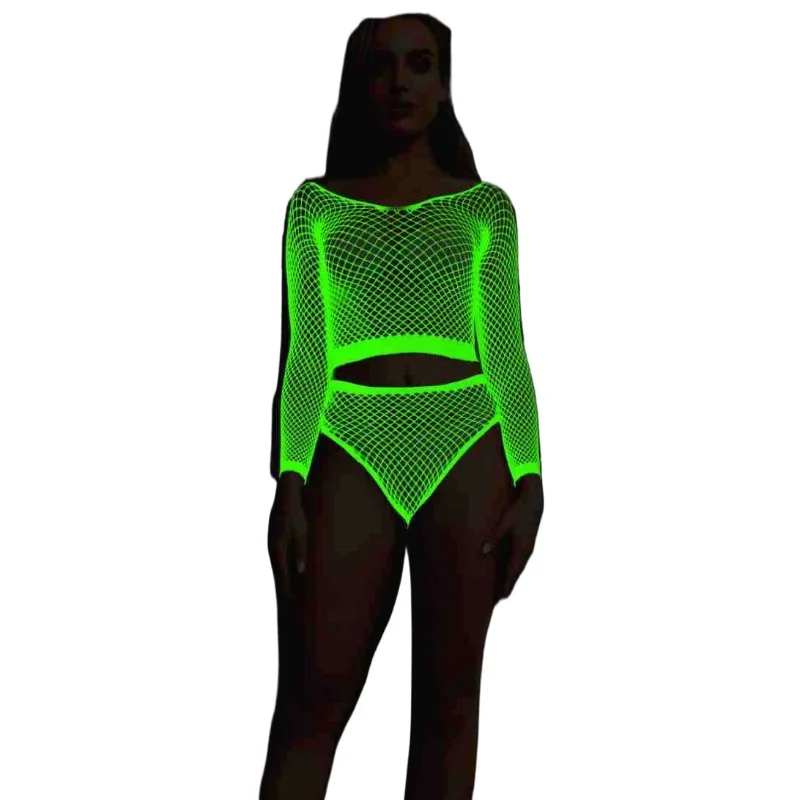 توهج الظلام بوديستوكينج الملابس الداخلية مثير الجوف خارج شبكة صيد السمك Catsuit انظر من خلال قطعة واحدة المرأة المثيرة مضيئة سيسي مجموعة