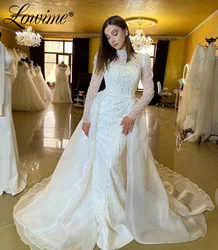 White Dubai Design Beaded Evening Dress Robes De Soirees Long Sleeve Pearl Arabic Party Dresses For Weddings Mermaid Prom Gowns