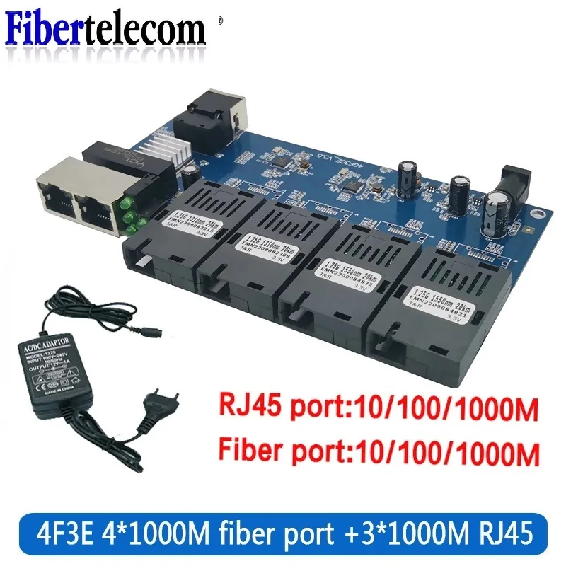 Convertitore multimediale in fibra ottica Gigabit SC 100/1000M Scheda PCBA monomodale 4 fibre 3 RJ45 Switch Ethernet Ricetrasmettitore Simplex