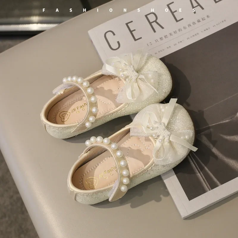 Girls Mary Jane Shoes with Bow-knot Fashion Kids Pearls Crown Princess Shoes for Party Wedding Children Leather Shoes Non-slip