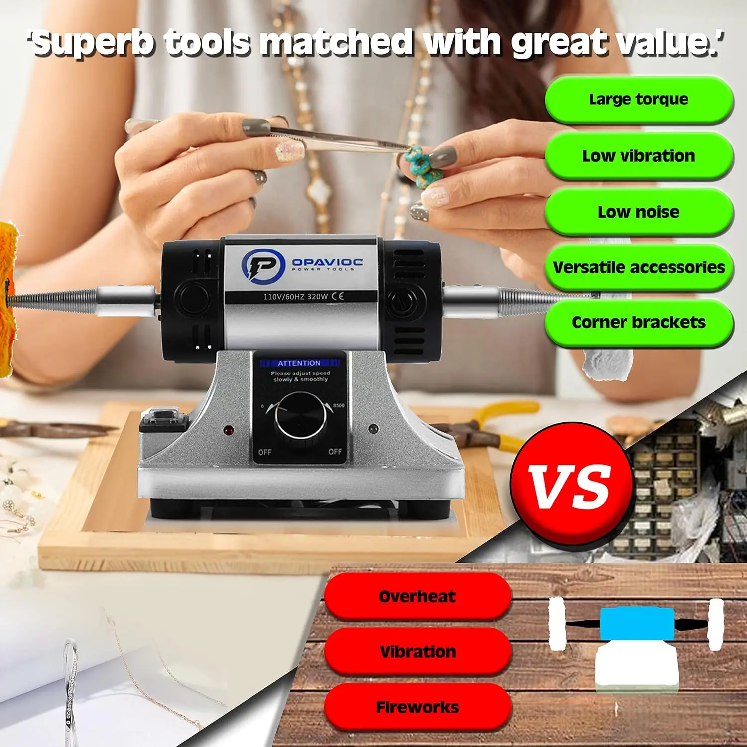 ملمع مطحنة سرعة قابل للتعديل مع عجلات وزجاج أمان للمجوهرات والمعادن واستخدام الأسنان