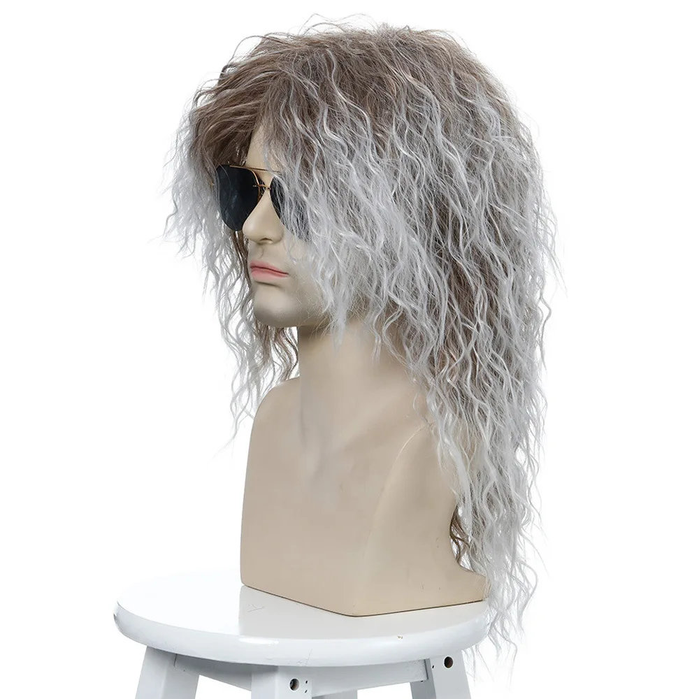 Synthetic Black Silver Wig Long Curly Puffy Wigs  For Men Punk Cosplay Halloween  Disco Rock Party Wig