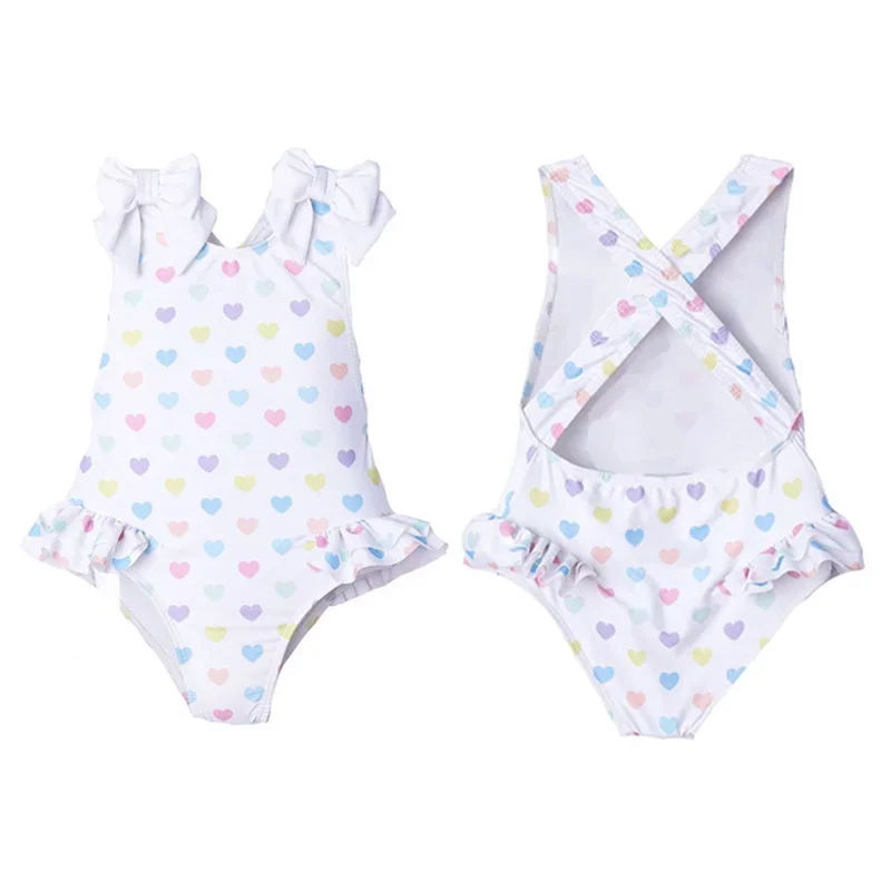 Baby Girls Swimwear Kids Color Love Heart Flower Print Bow Sleeveless Open Back Swimsuit Children Sunscreen Beach Clothes E23267