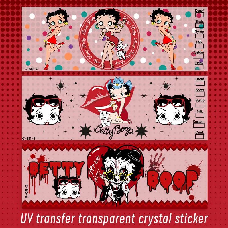 ملصقات DTF الإبداعية DIY ملصقات مقاومة للماء لسلسلة Betty Boop Bimbo Anime UV نقل كريستال بوبو الشفاف للفتيات