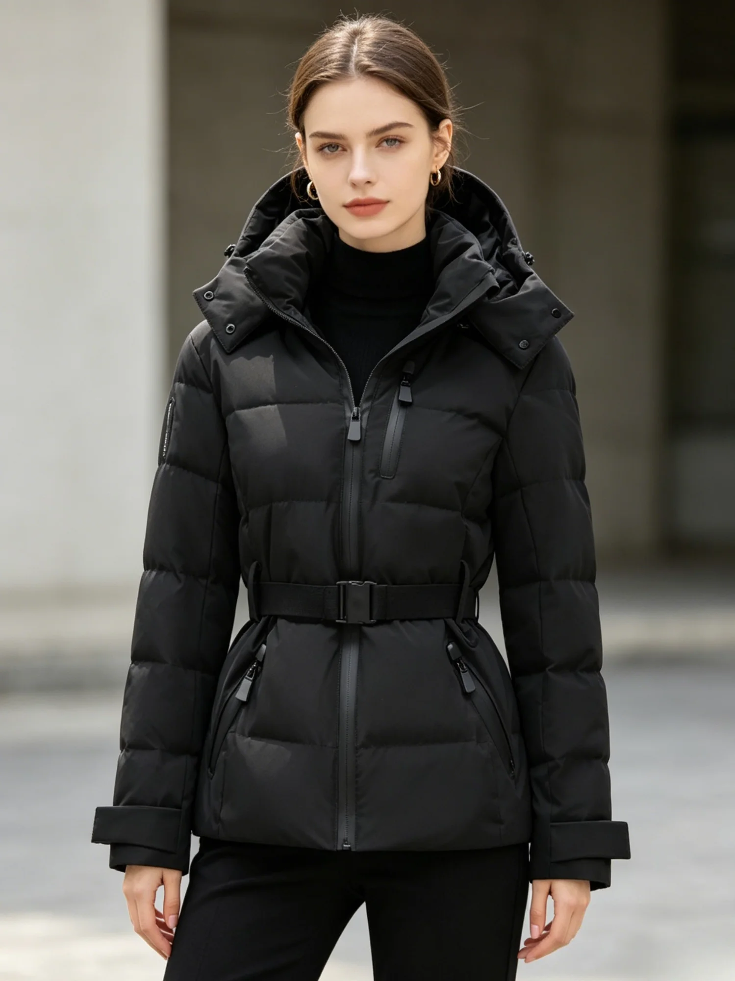 Women's Fashionable Winter Warm Jacket Casual Versatile Detachable Hood Coat with Belt Zippered Windproof  Outdoor Clothes