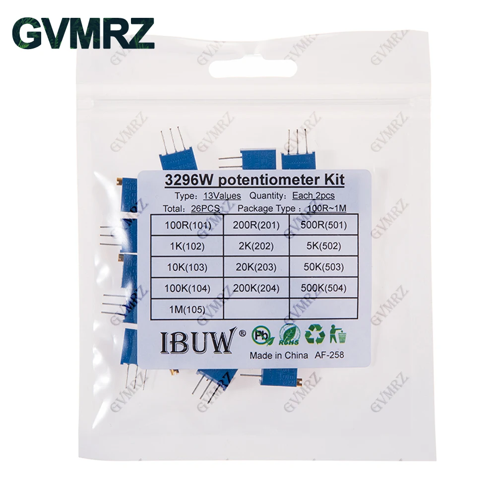 26PCS 13Values 3296W Potentiometer Kit (100R-1MΩ) for Precision Electronic Equipment Tuning & Circuit Prototyping