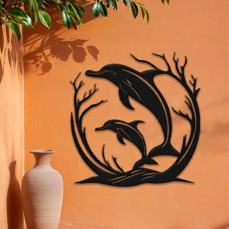 Dolphin Metal Wall Art Iron Wrought 15 Inch Beach Marine Sculpture Ocean Hanging Mural Nautical Indoor Outdoor Decor Gift