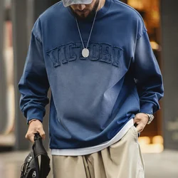 Maden Vintage Letter patched Gradient Colored Hoodie Loose Fit Washed Round Neck T-shirt for Men's Spring and Fall Casual Tops