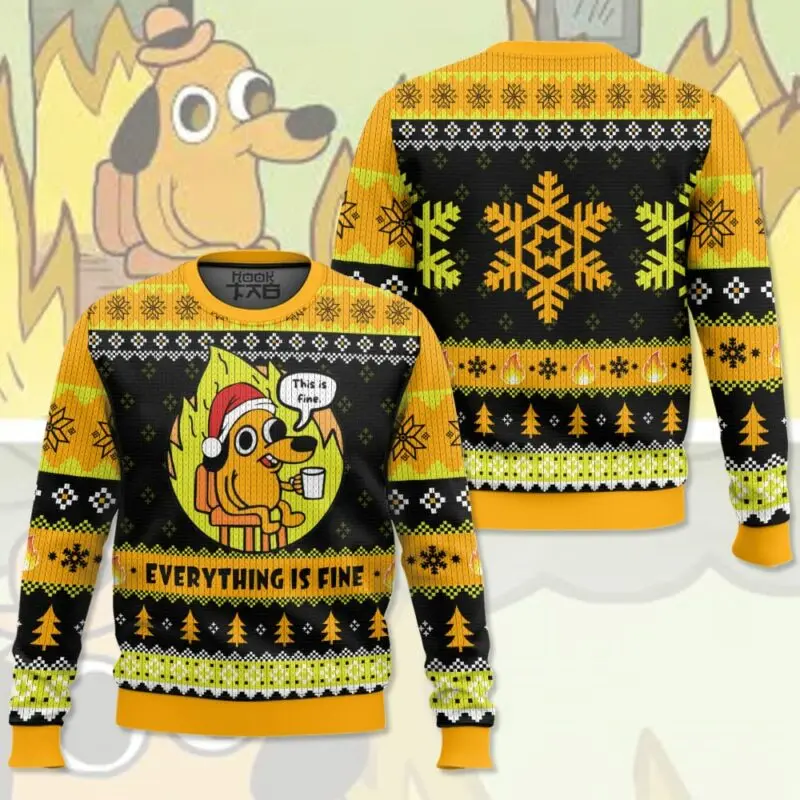 

This Is Fine Meme Christmas Ugly Sweater Yellow Black Flame Wind Blue White Ice And Snow Christmas Hat Christmas Gift Funny