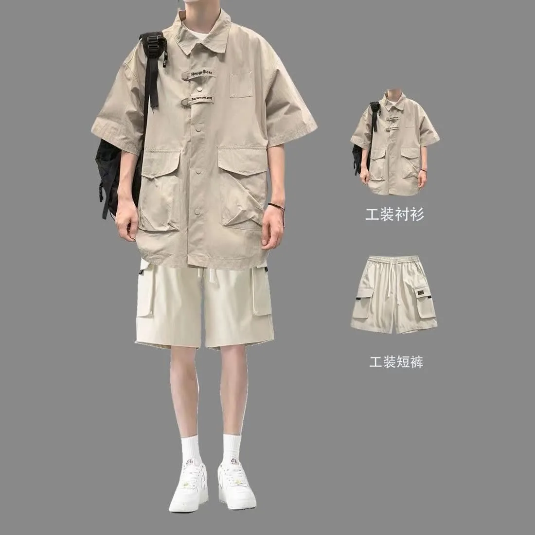 Trendy Workwear Shirts Men Sets Summer Japanese Short Sleeve Students Outfit Shorts Thin Cool Stylish Designer 3pcs Set Clothing