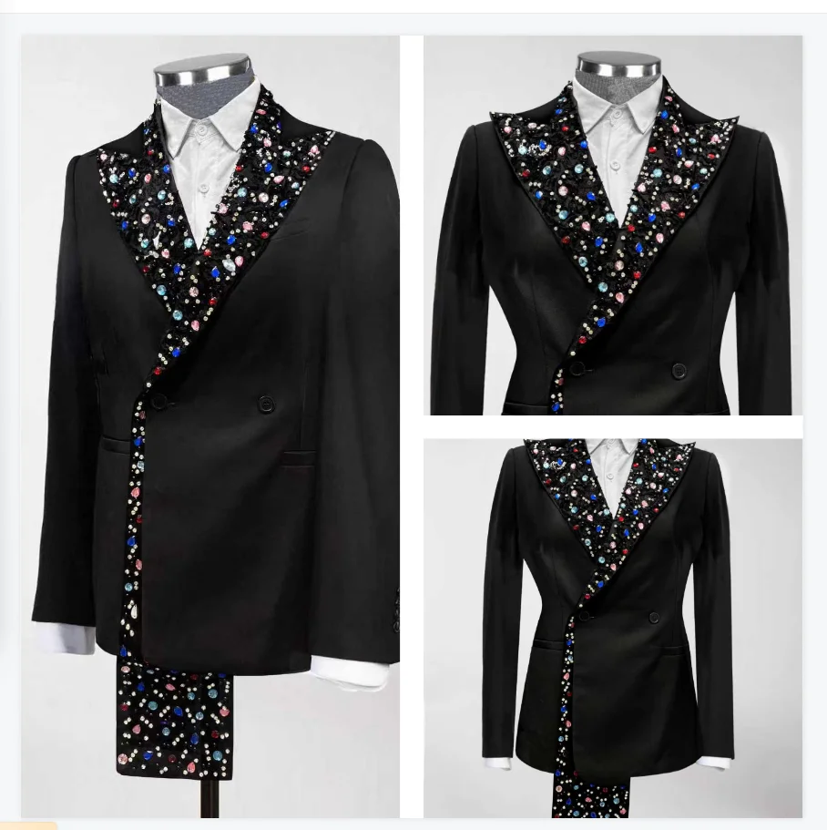 

Black Men Suits Set 2 Pcs Blazer+Pant Trouser Wedding Tuxedo Colorful Stone Crystals Formal Office Cotton Groom Prom Jacket Coat