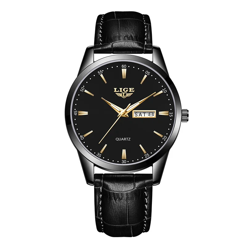 LIGE Mens Relógios de Quartzo Marca de Luxo Casual Moda Relógio Masculino Para Presentes Couro Respirável À Prova D 'Água Relógio de Pulso Luminoso + Caixa