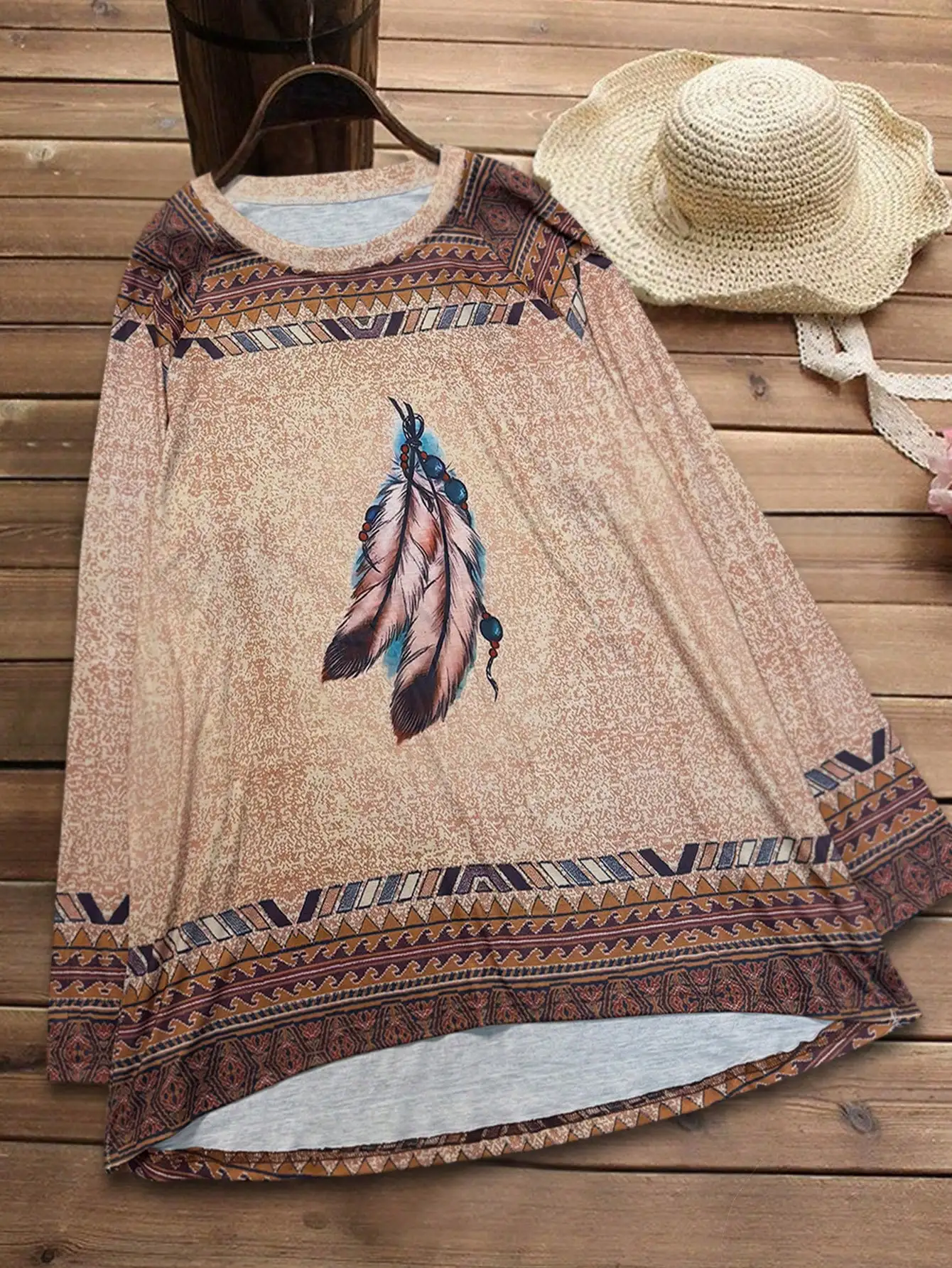 Plus-Size Women's Printed Crew Neck T-Shirt — Western Style, Raglan Sleeves, Loose Fit Top view 3