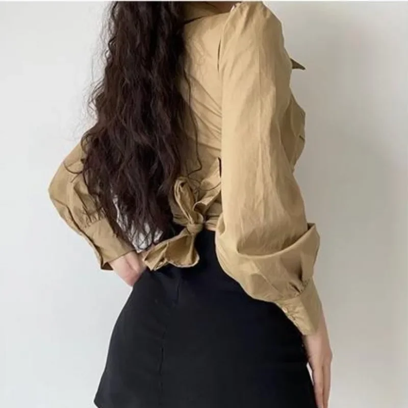 Blouses Women American High Street Spring Solid Bandage Aesthetic Vintage Crops Design Harajuku Clothes Blusas Casual Hipster