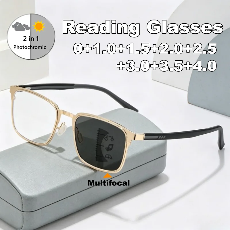 

Multifocal Photochromic Presbyopia Glasses Sporty TR90 Square-Frame Spring-Arm Anti-blue Light High-Definition Reading Glasses