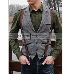 Mens Suit Vest Lapel Neck Wool Brown Waistcoat Casual Formal Double-breasted Business Slim Fit Vest Groomman For Wedding