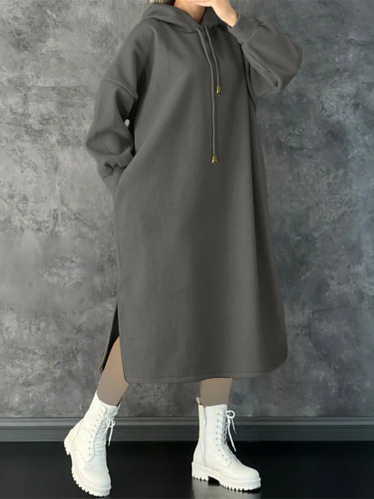 حجم كبير 5XL ZANZEA المرأة موضة البلوز فساتين الخريف طويلة الأكمام مقنعين رداء الصلبة جيوب فضفاضة غير رسمية طويلة Vestidos