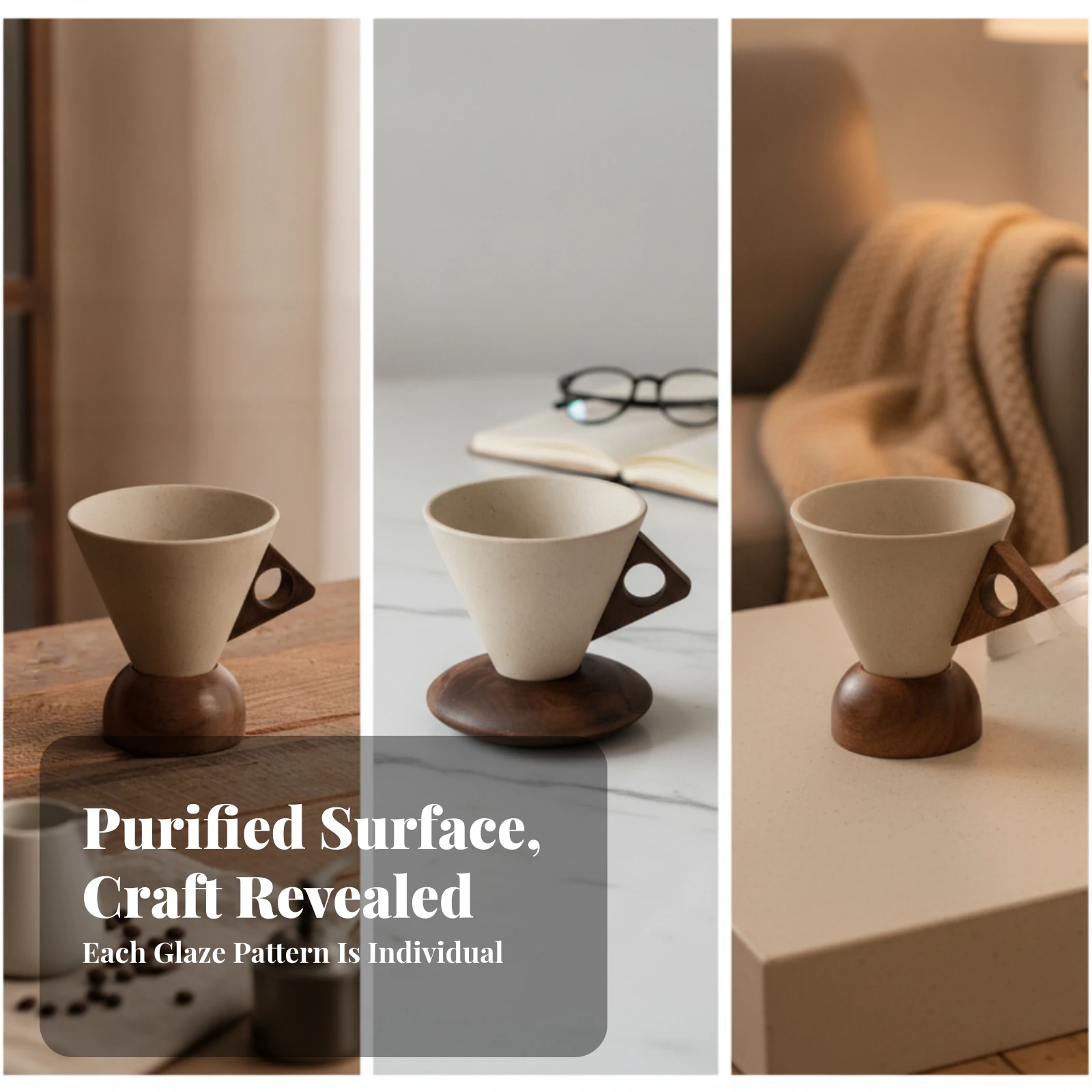 Pour-over Coffee Cup with Wooden Base Artisanal Ceramic Coffee Cup with Wooden Handle Minimalist Heat Insulating view 6