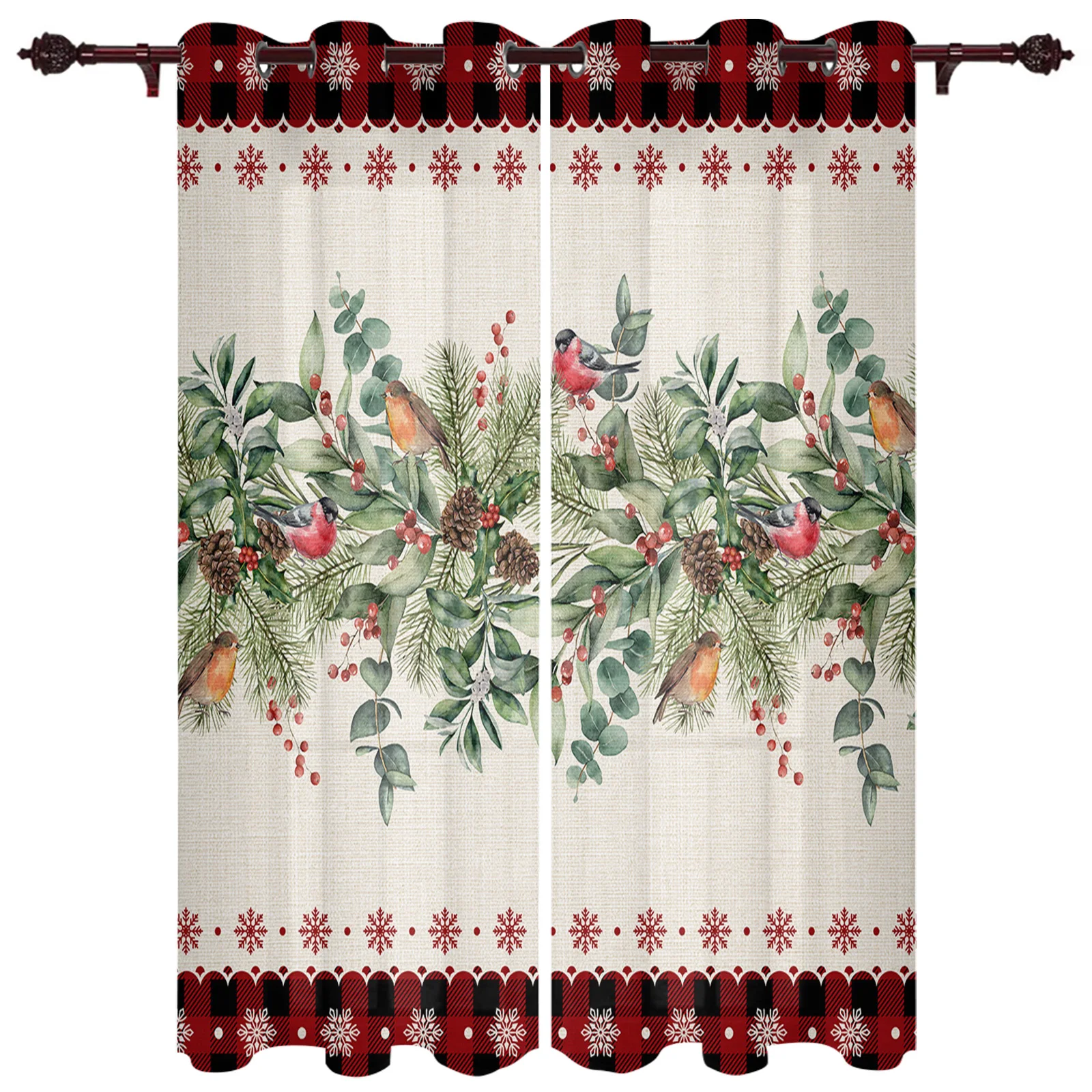 Christmas Eucalyptus Berries Robin Window Curtains for Living Room Bedroom Luxury Modern Kitchen Curtains Fabric Drapes