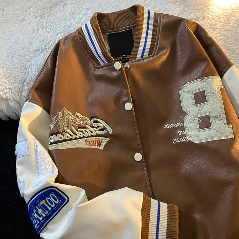 

Spring Baseball Uniform Fall Pu Leather Jacket Letter Print Top 2023 Streetwear Casual Coat Bomber jacket For Women's Clothing
