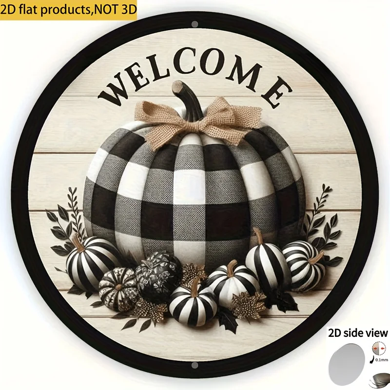 2D Flat, 1pc, Round Aluminum Welcome Sign - Black And White Buffalo Plaid Pumpkin Pattern with Rustic Wood Texture, Burlap Bow &