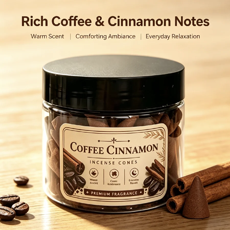 Conos de incienso con aroma natural a café y canela, ideales para decorar el hogar, el dormitorio o la sala de estar, y como regalo perfumado.