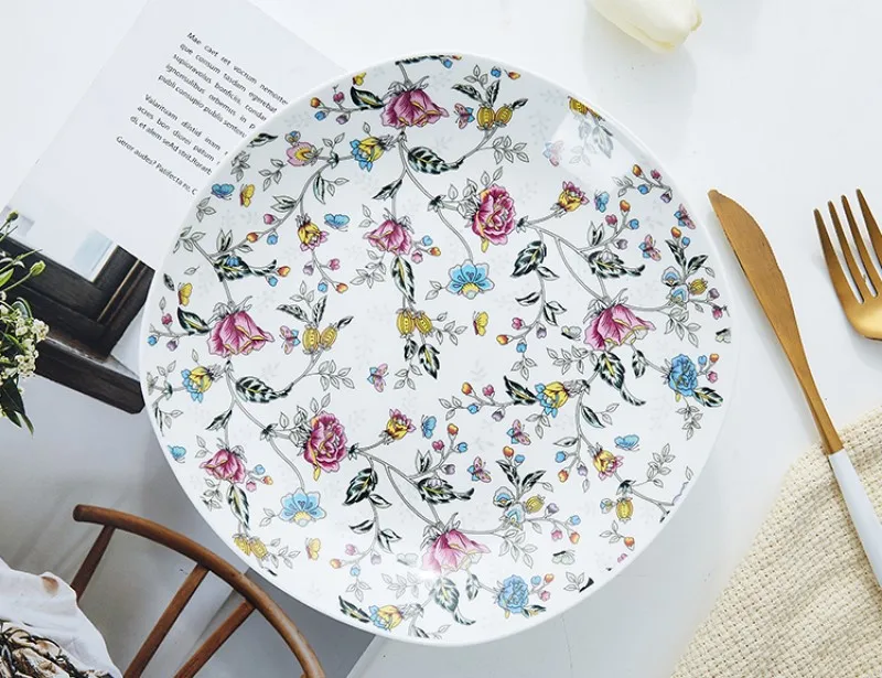 4pcs/lot, bone china floral dinner dishes set, ceramic plates set, porcelain dinner plate for serving, set of dishes for food