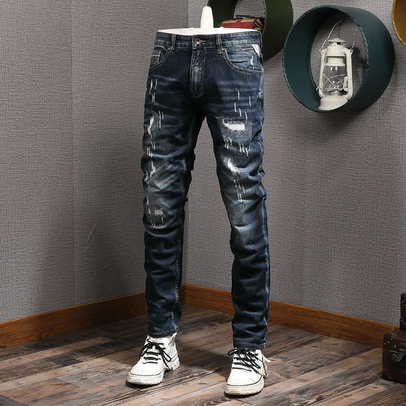 

Fashion Designer Men Jeans Retro Black Blue Elastic Slim Fit Ripped Jeans Men Vintage Trousers Patched Casual Denim Pants Hombre