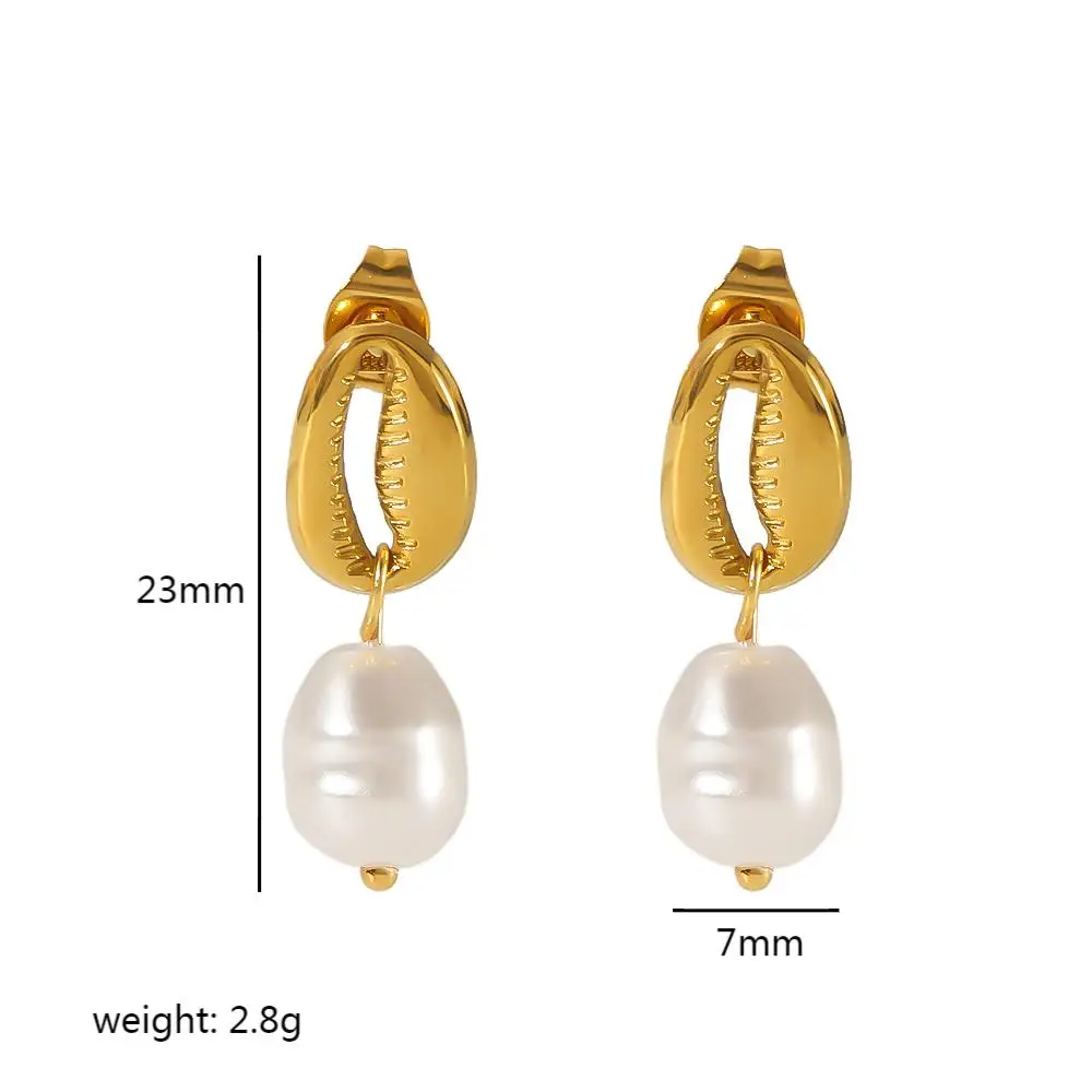 Neuestes Exquisites Luxus-Schmuckset: 18K Vergoldete, Anlaufbeständige Halskette, Edelstahl-Armband mit Muschel-Charm und Perlenohrringe – Detail 8