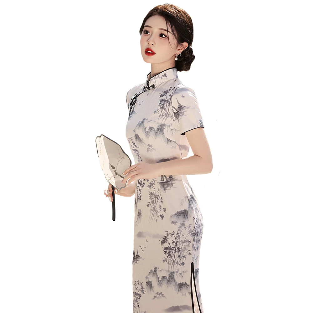 Retro Chinese Style Cheongsam 2024 Qipao Dress Summer Short Sleeve Stand Collar Slit Vintage Long Chinese Style Cheongsam Dress