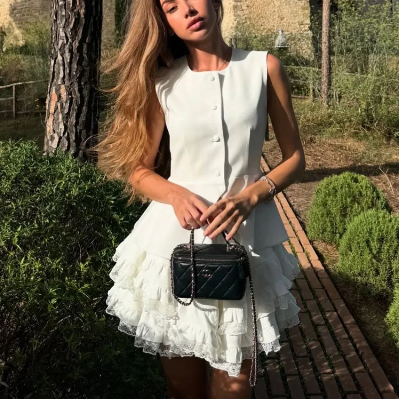 Ensemble jupe en dentelle 2 pièces, gilet sans manches, haut, taille haute, jupe bouffante, élégant, décontracté, robe de soirée pour femmes