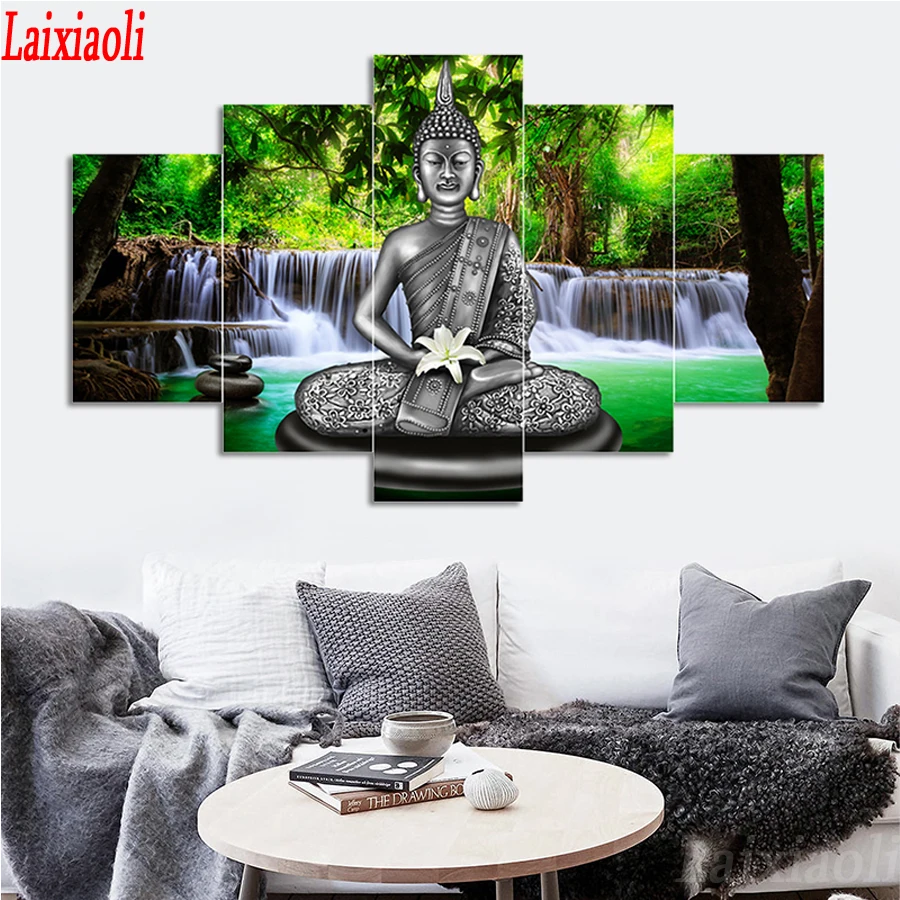 

Buddha Statue Art diamond painting cross stitch Waterfull 5 Pieces embroidery mosaic Pictures Modern Nature landscape religion