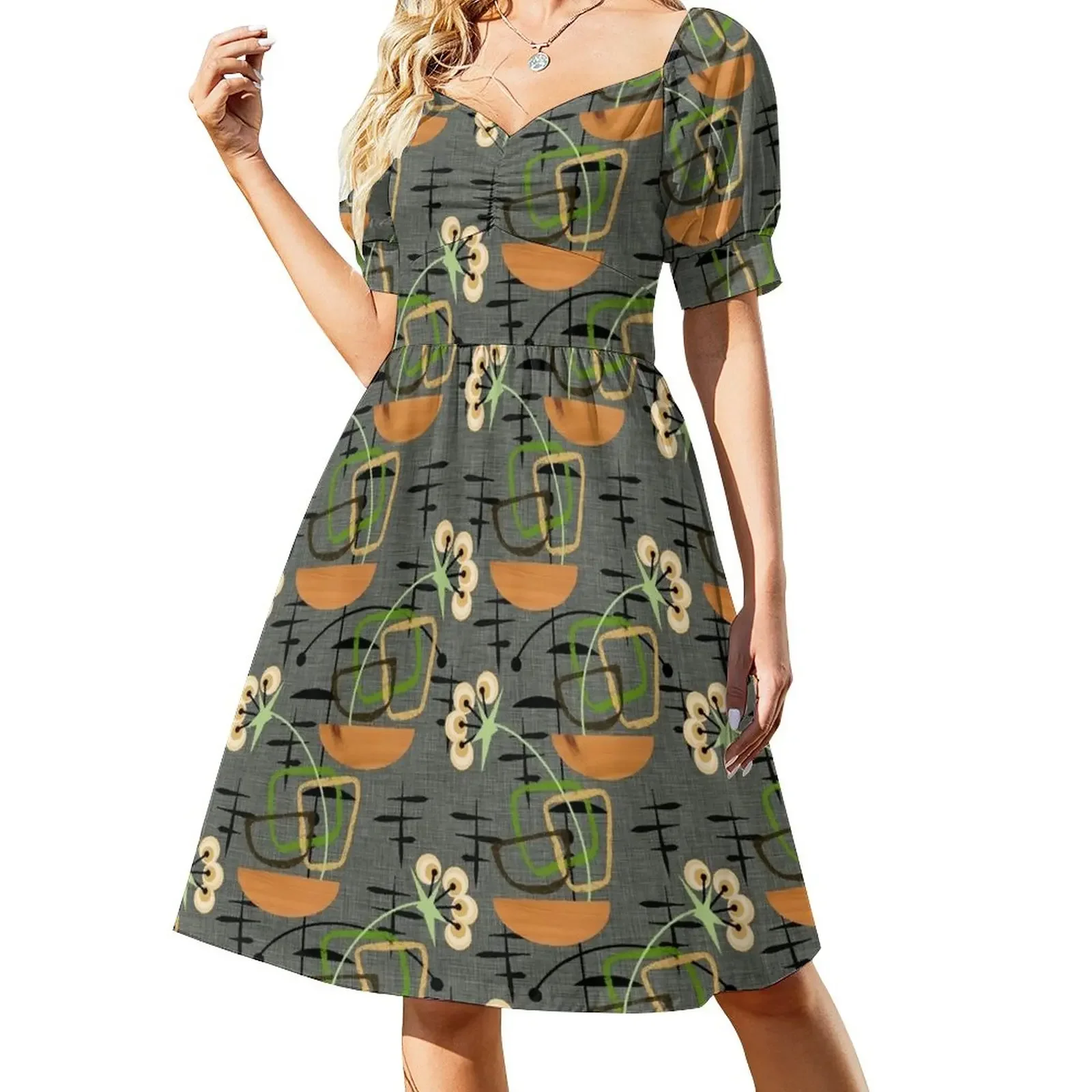

Gray Mid-Century Modern Houseplants, Atomic Patterns Sleeveless Dress Women's summer skirt dresses ladies 2024 summer